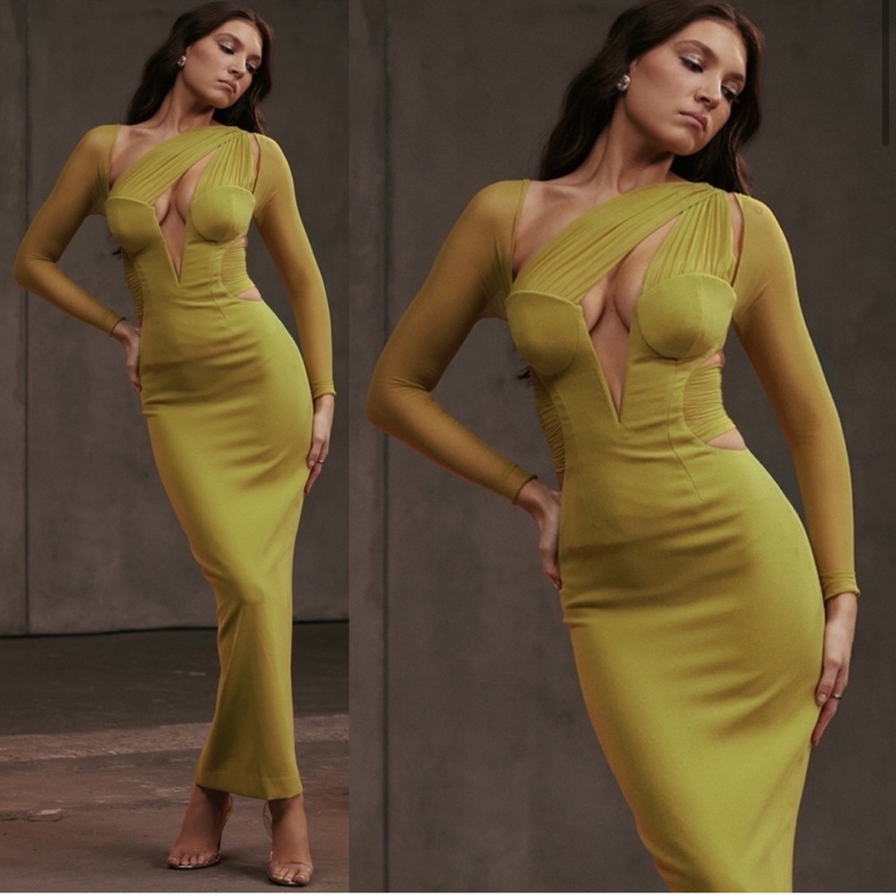 HOUSE OF CB 'Zahra' Chartreuse Plunge Maxi Dress maxi mustard yellow NWOT size S